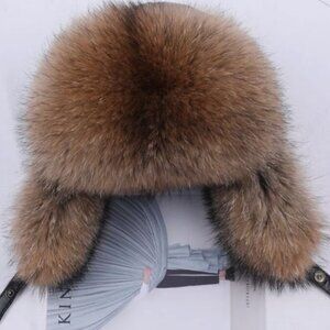 Winter Men's 100% Real Raccoon Fur Silver Fox Bomber Hat Ushanka Trapper Ski Cap